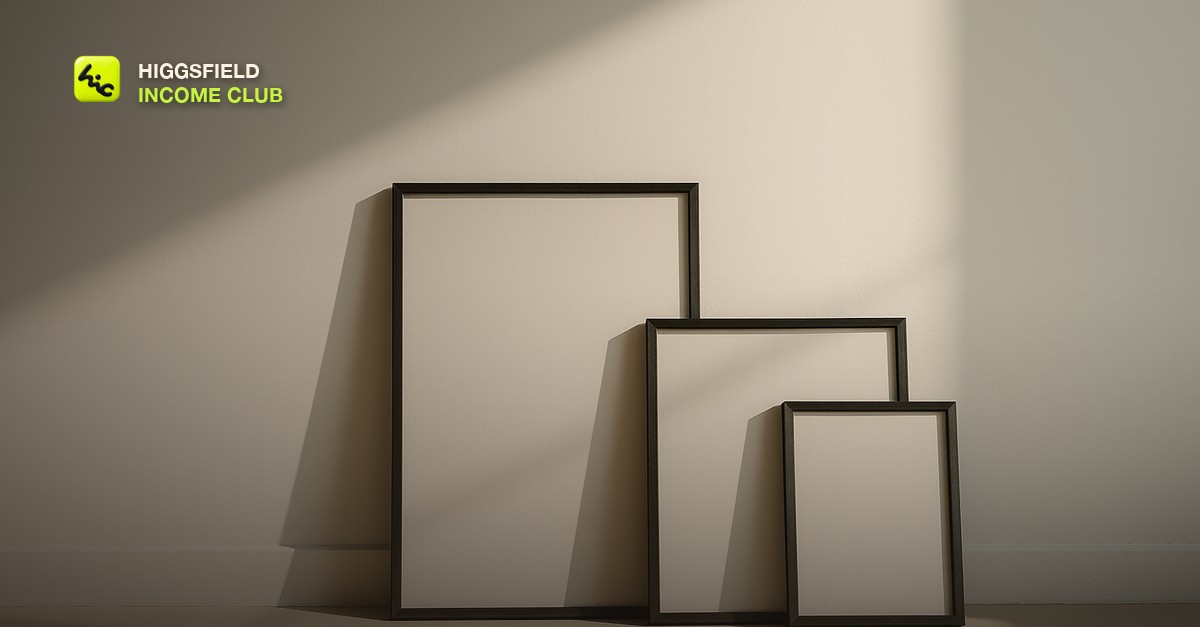 Three empty picture frames of different proportions leaning against a plain studio wall in bright directional light