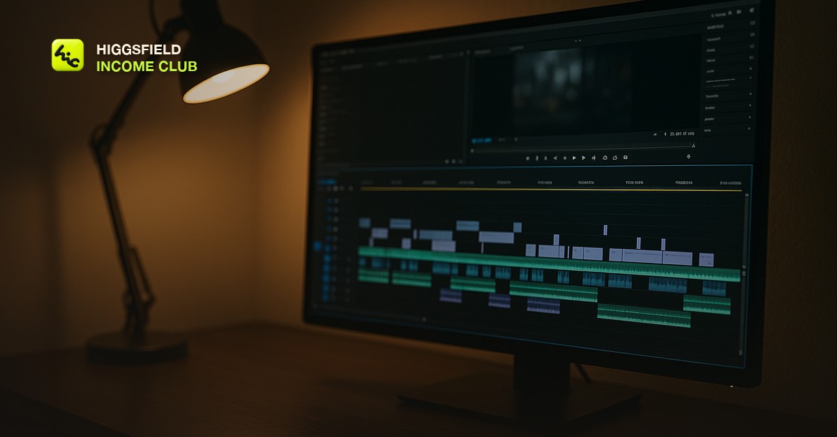 A video editing timeline on a monitor with multiple clips, audio tracks, and a color panel visible