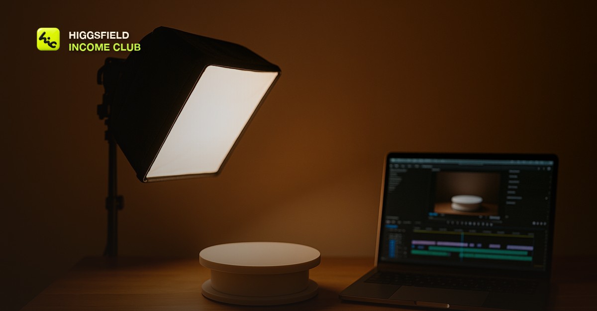 A small tabletop product photography setup with a softbox light and a turntable next to a laptop showing a video timeline, warm studio mood, no people or text visible