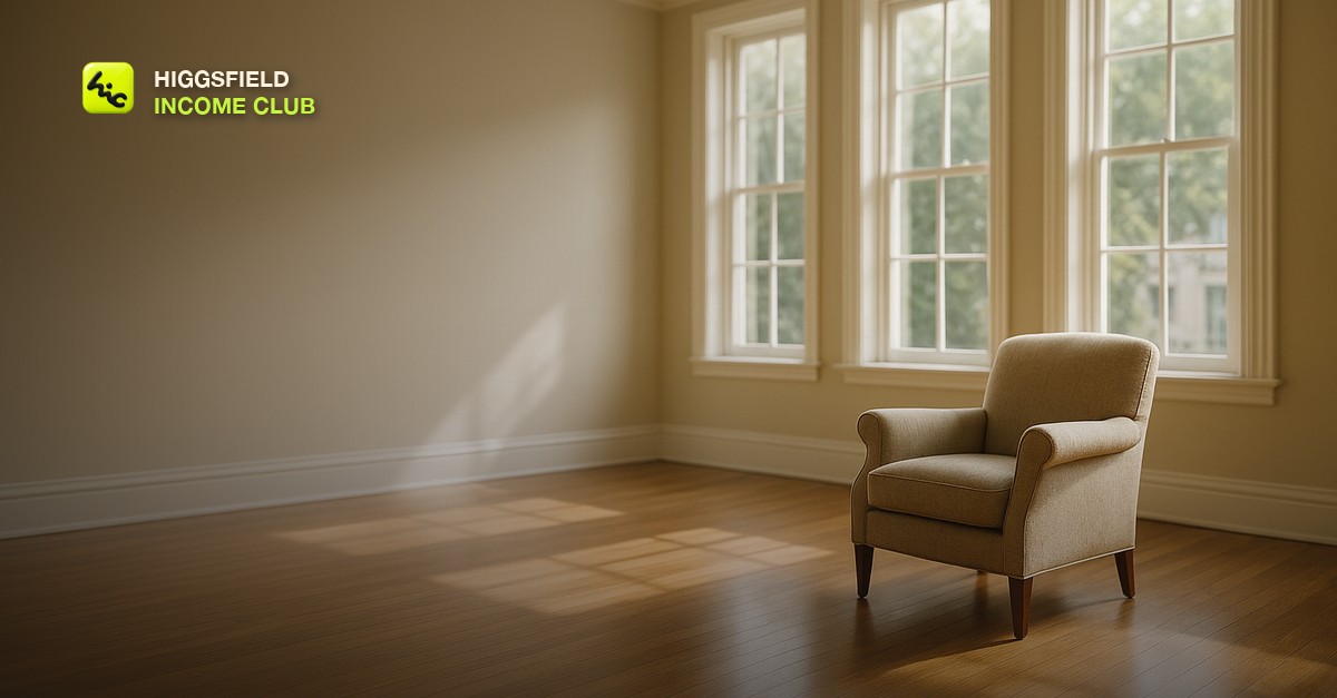 An empty sunlit living room with tall windows, polished wood floors and a single armchair, wide architectural photography