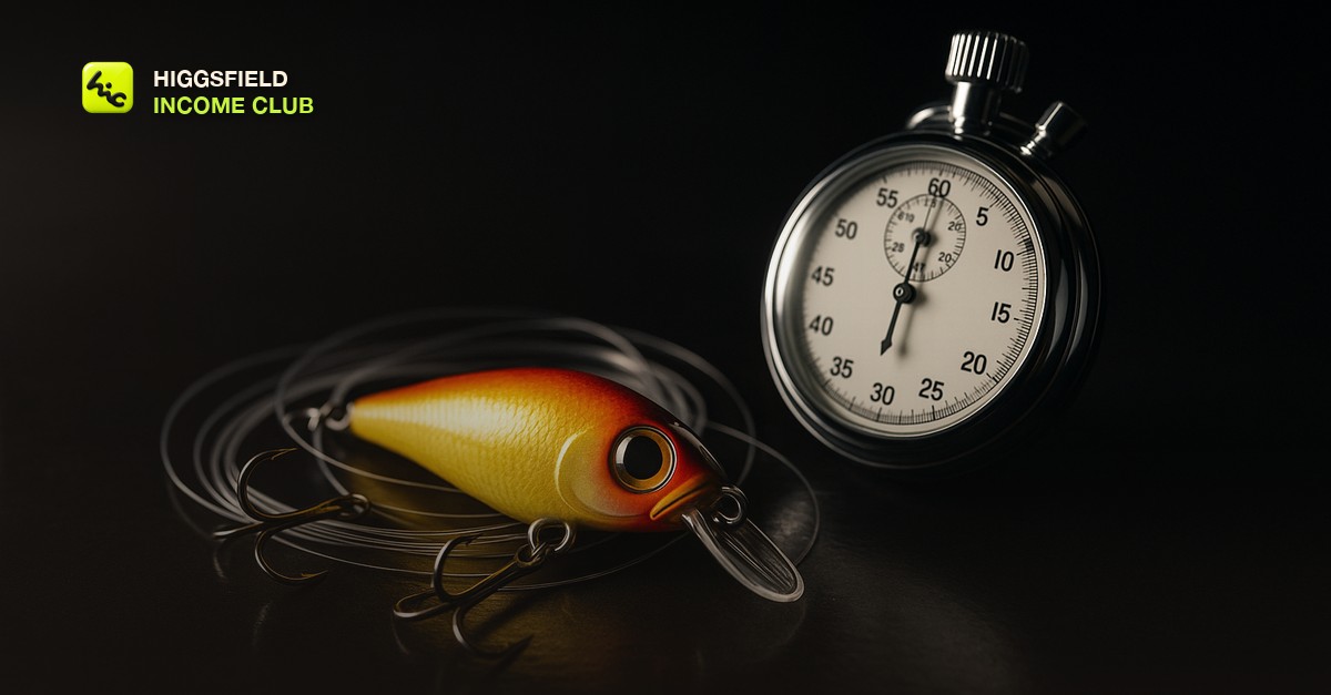 Higgsfield Income Club - a bright fishing lure and coiled line beside a mechanical stopwatch on a dark tabletop