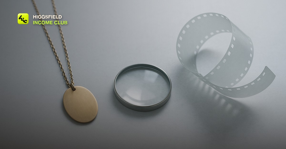 An unmarked brass tag on a fine chain, a glass magnifier and a curled strip of translucent film on a pale slate surface in cool daylight