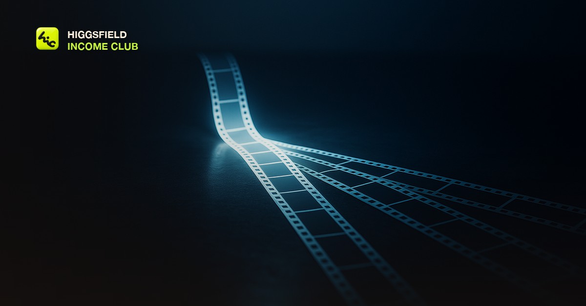 A single glowing film strip splitting into several identical parallel strips on a dark reflective table, cool cinematic rim light