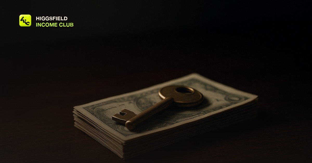 A single brass key resting on a stack of folded currency notes on a dark wood desk, soft directional studio light