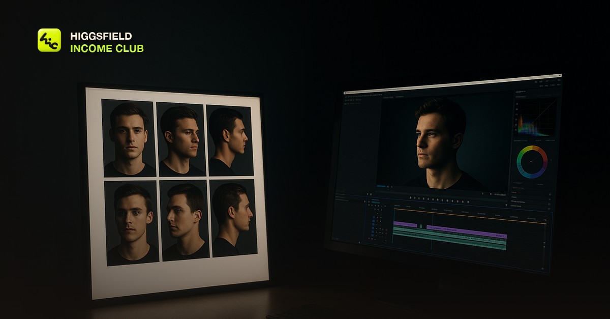 A grid of reference portrait photos of the same subject from different angles next to a monitor showing a video editing timeline