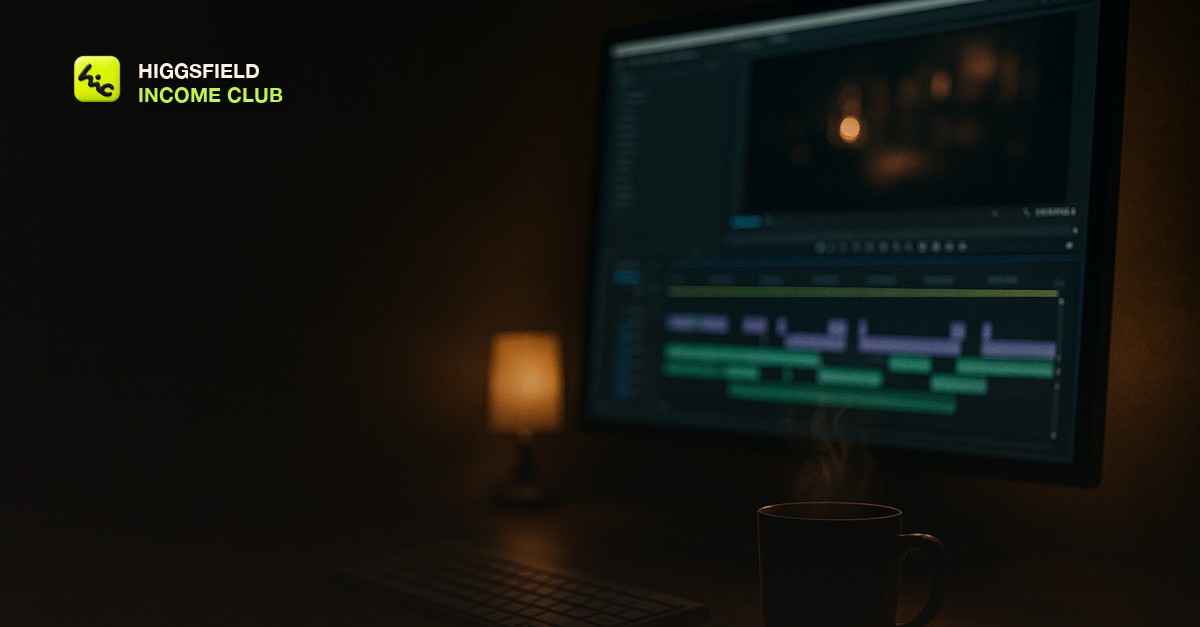 A dark cinematic filmmaker workspace at night with a glowing monitor showing layered video timeline tracks, a sleek wireless keyboard, a half-empty coffee mug steaming, film grain mood lighting from a small desk lamp