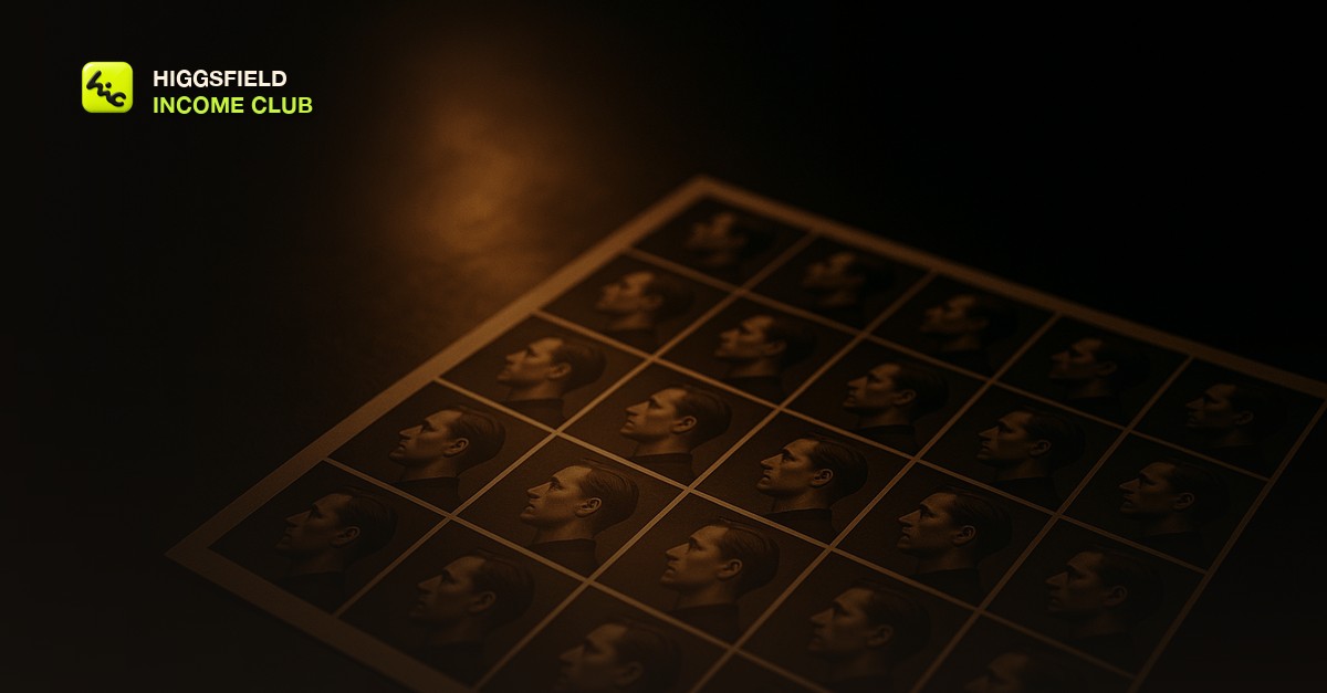 A grid of identical portrait reference thumbnails laid out like a photographer's contact sheet on a dark studio table under a single warm light