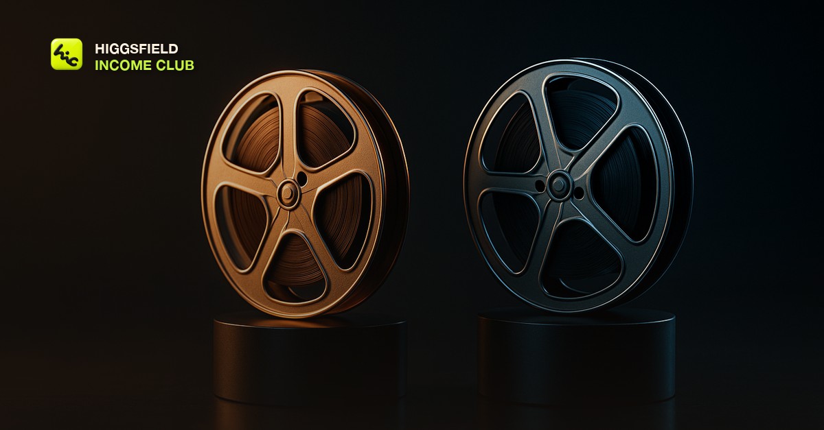 Two film reels on pedestals under moody cinematic side lighting, one catching a warm glow and the other a cool blue glow