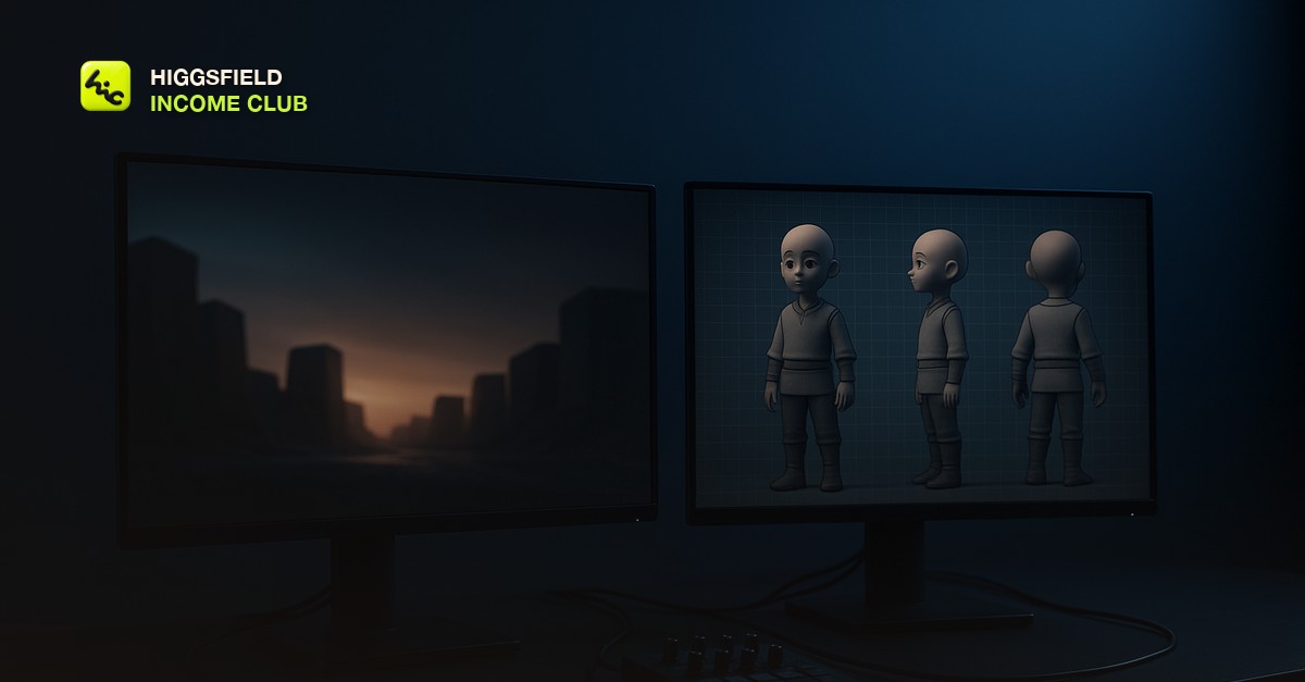 Two side by side monitors on a dark studio desk, one showing a smooth cinematic camera pan and the other showing a character turnaround grid, moody blue lighting, no people or text visible