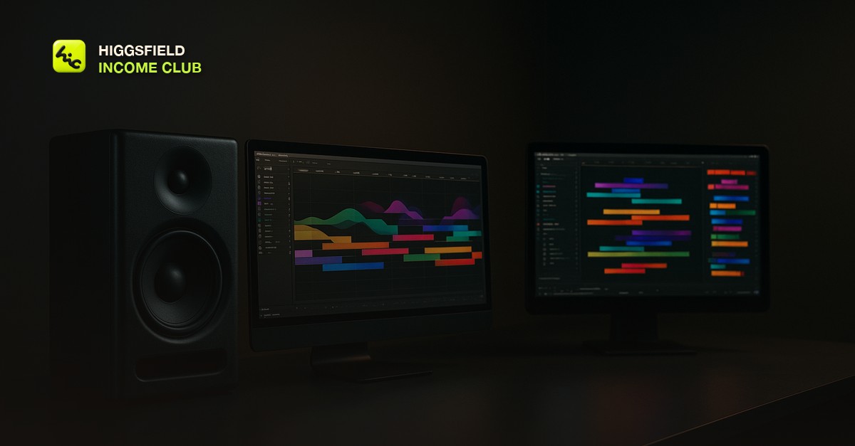 Two studio monitors on a dark desk each displaying a different colorful motion-graphics timeline, soft ambient lighting, no people or text visible