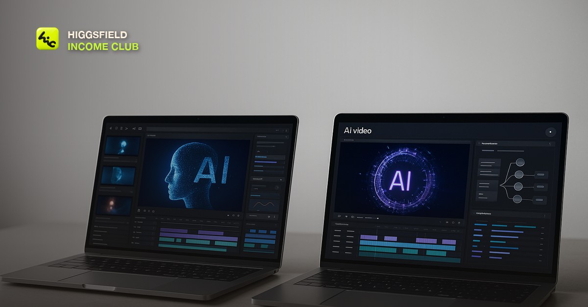 Two side-by-side laptop screens showing different AI video generation interfaces