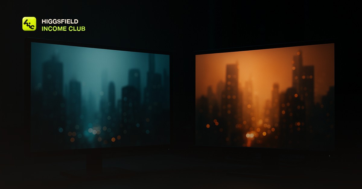 Two studio monitors side by side showing different AI-generated video footage, one in cool tones and one in warm tones