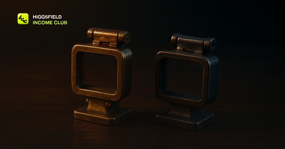 Two vintage brass director's viewfinders resting side by side on a dark wooden table, one lit warm and one lit cool