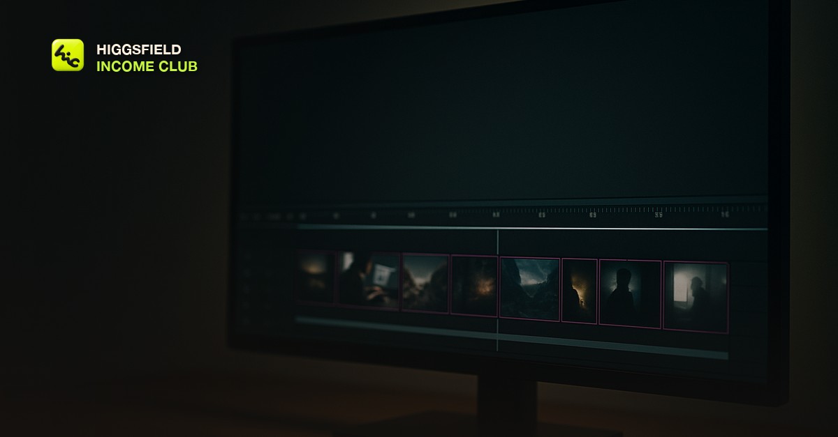A video editing timeline on a monitor showing multiple short AI-generated clips stitched together with visible cut markers