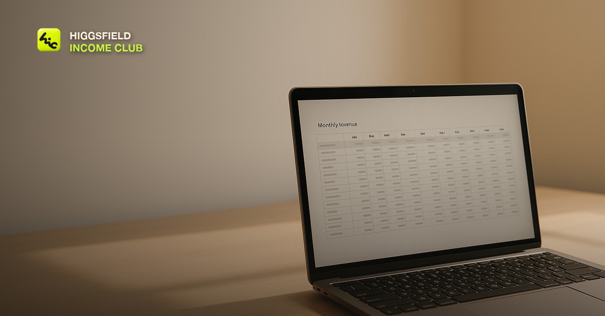 A creator at a laptop reviewing a simple income spreadsheet with monthly revenue columns