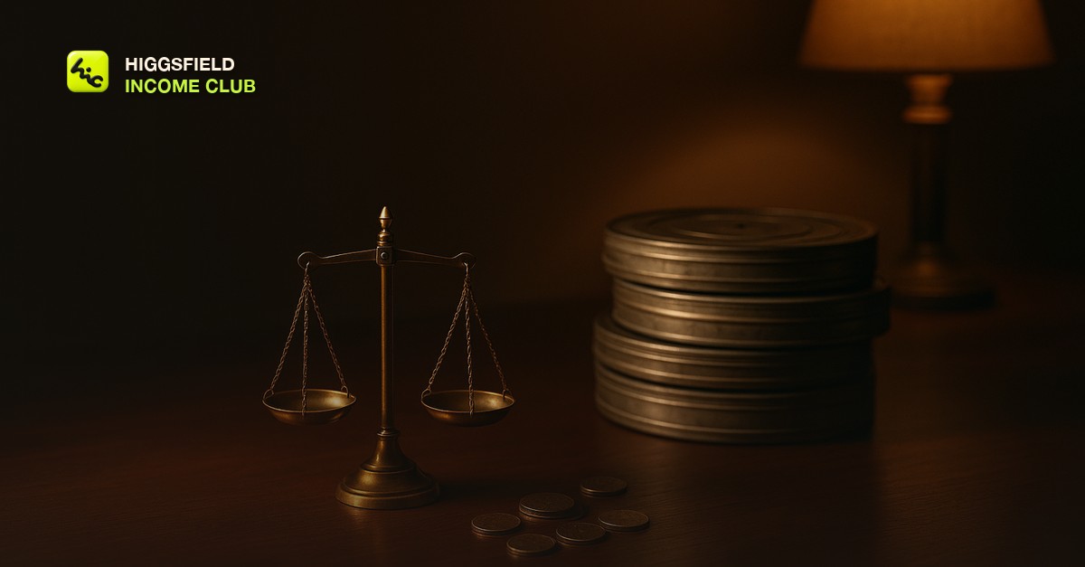 A small brass balance scale beside a stack of film reels and loose coins on a dark walnut desk under a single warm lamp