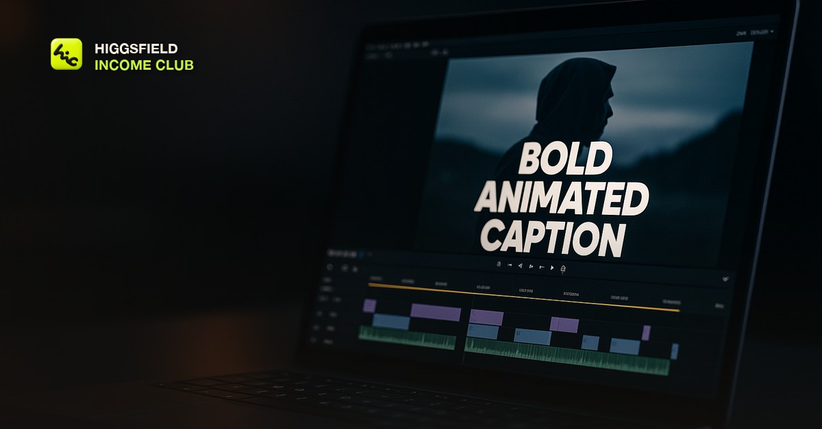Higgsfield Income Club - an editing timeline showing animated captions synced to an AI-generated video clip