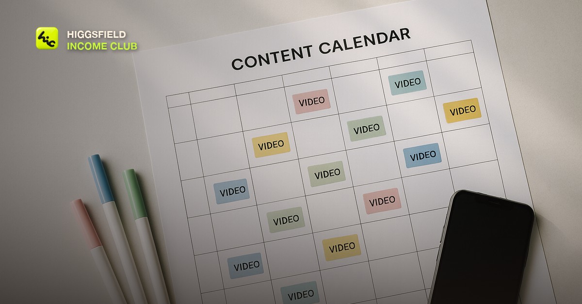 A flat-lay of a weekly content calendar with color-coded video clip slots and a laptop nearby