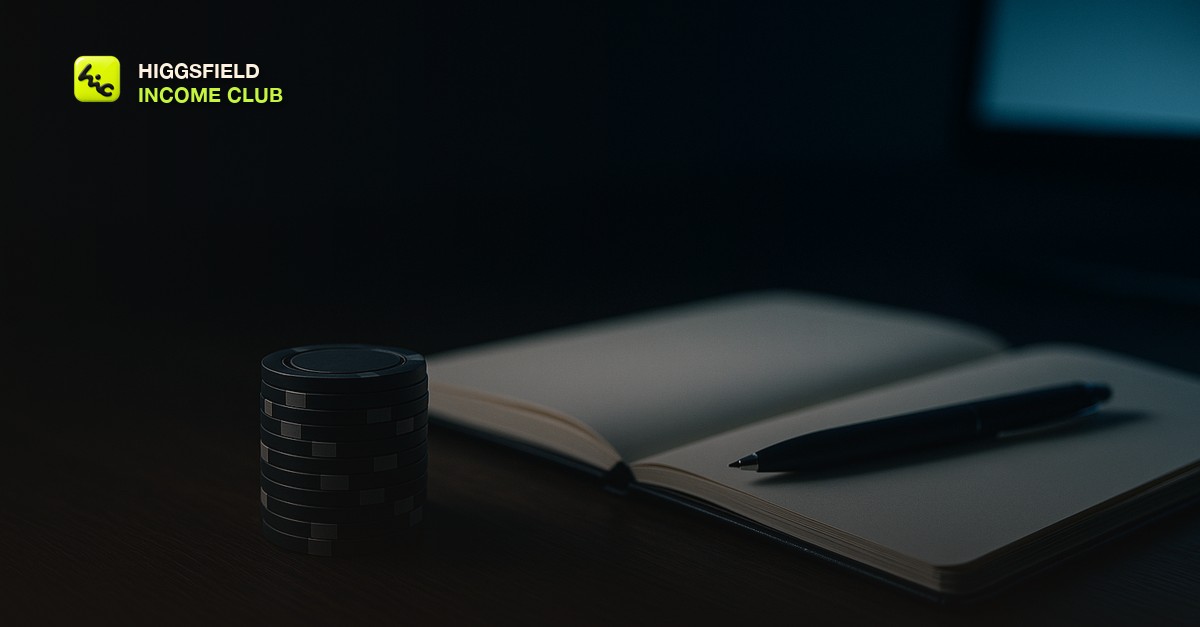 A small stack of poker-chip style tokens beside an open notebook and pen on a dark editing desk, lit by the cool glow of a monitor edge