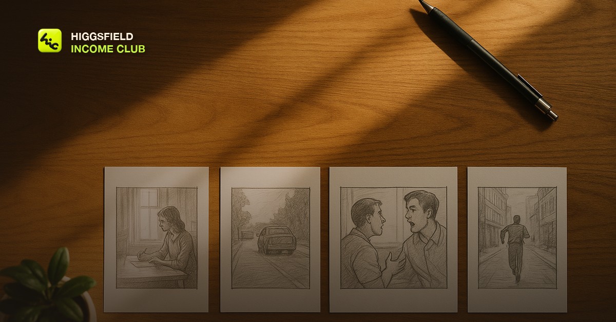An overhead flat-lay of a wooden desk with four printed storyboard frames laid out in a row, a mechanical pencil resting diagonally across the top right corner, a small plant in a white pot at the bottom left, warm window light casting soft shadows across the frames, no people, no text