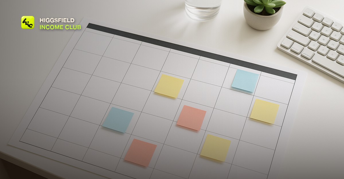 Overhead shot of a large wall calendar with colored sticky notes on a white desk beside a glass of water, a mechanical keyboard, and a small succulent plant, clean natural light