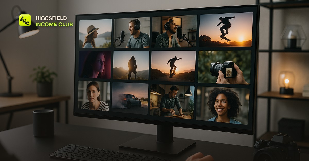 A creator scrolling through a grid of polished AI-generated video thumbnails on a laptop