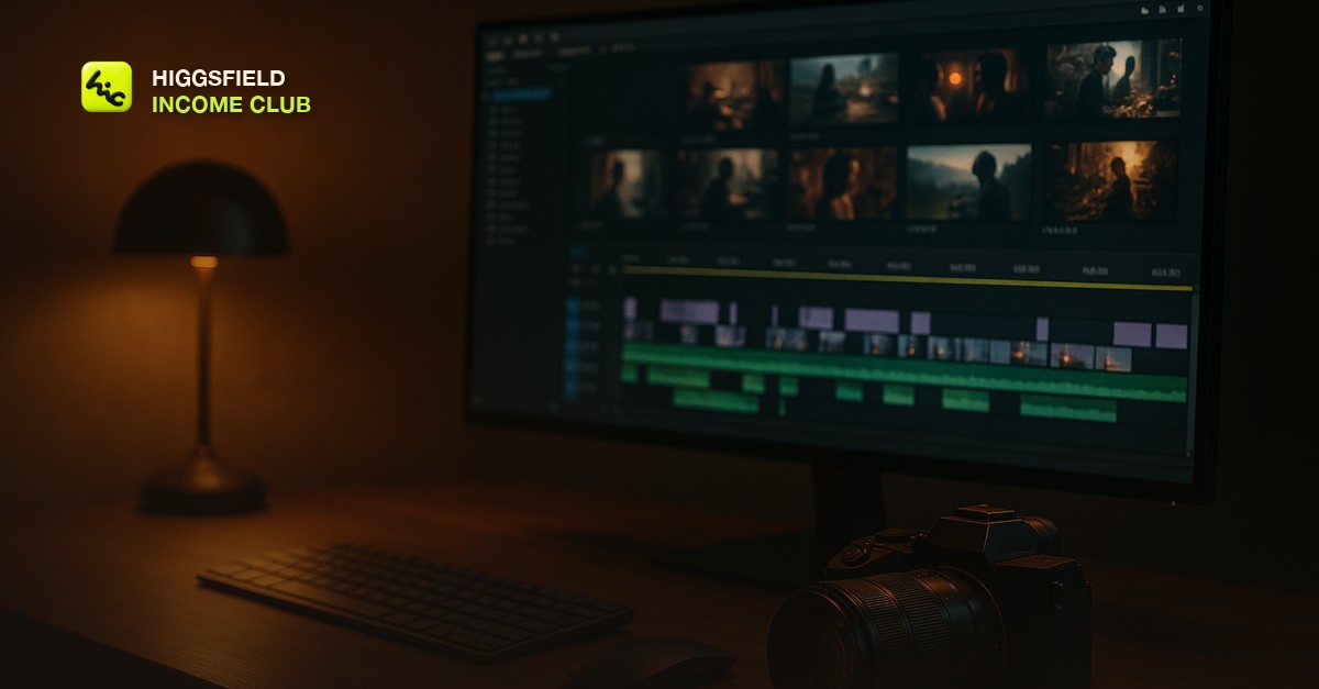 A creative desk setup with a monitor showing a video generation timeline, a camera, and a notebook of shot notes
