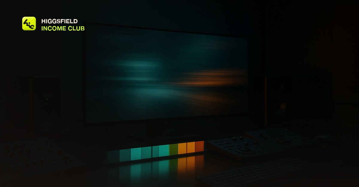 A moody dark editing suite with a widescreen monitor showing an abstract blurred motion-streaked frame, glowing teal and amber color bars reflected on a glossy desk, cinematic low light, no people, no text