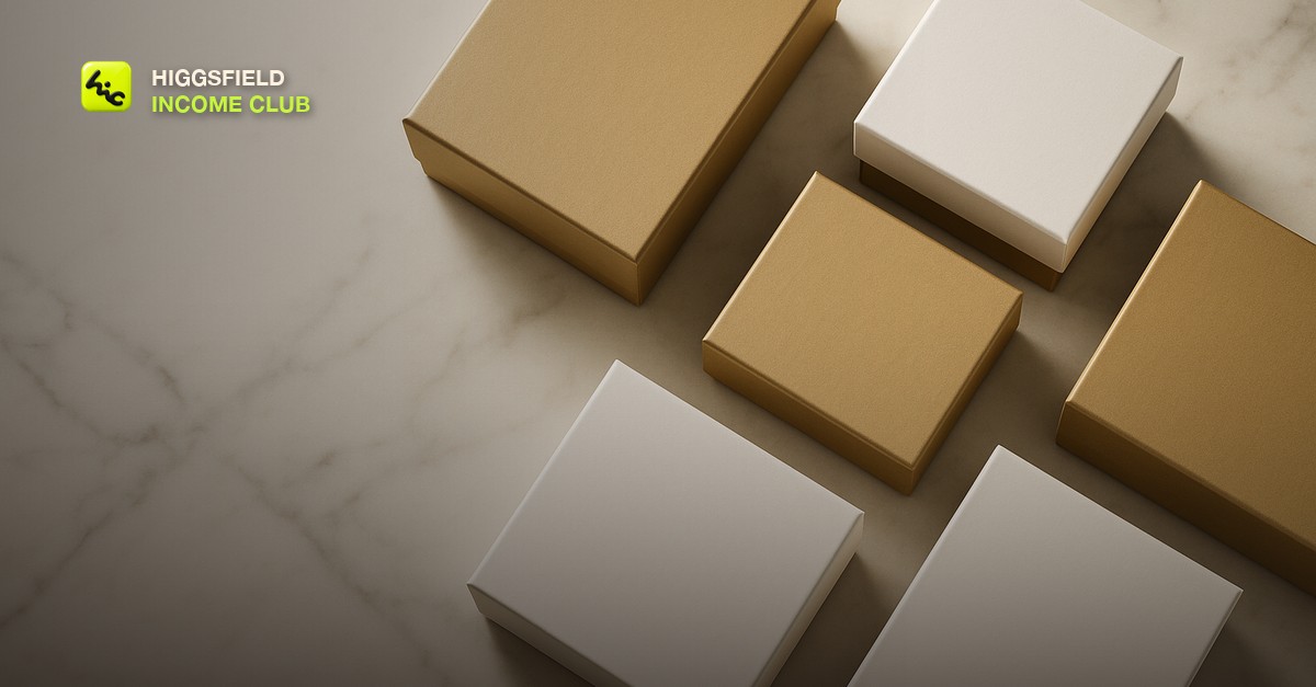Premium brand packaging boxes in gold and white tones on a marble surface with soft overhead lighting