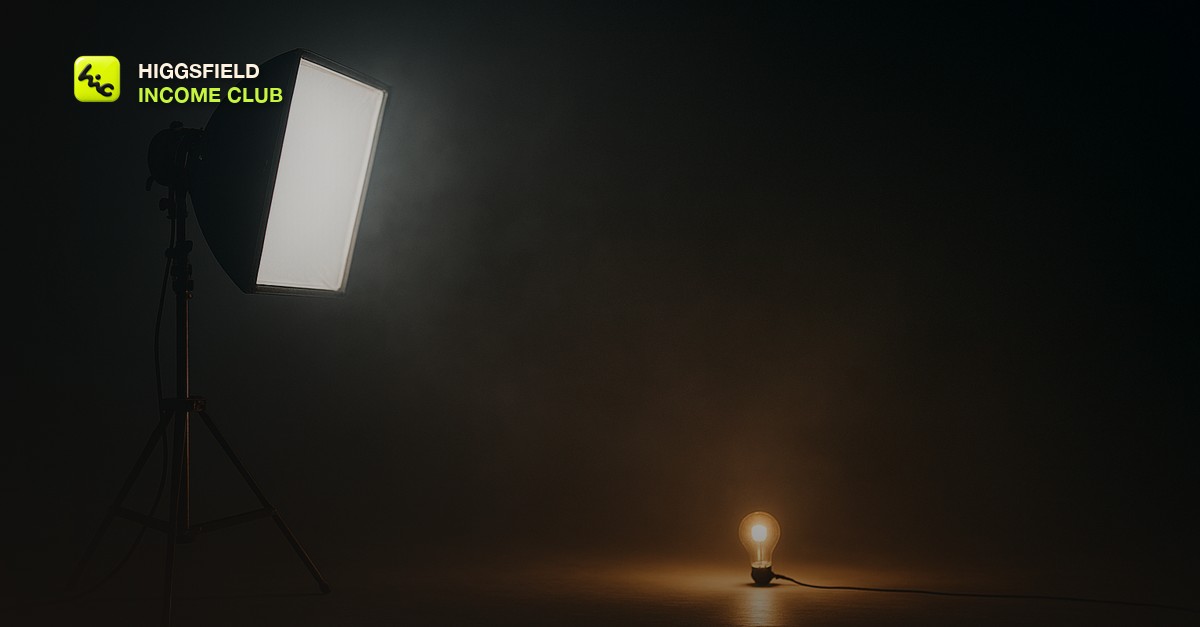 A softbox and a warm tungsten bulb casting a rim of light across a dark studio floor