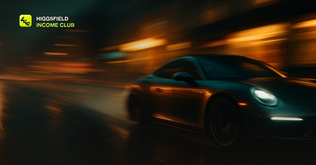A cinematic close-up of a moving car streaking past a wet city street at dusk with natural motion blur smearing the neon light reflections, moody teal and amber lighting, no people or readable text or logos