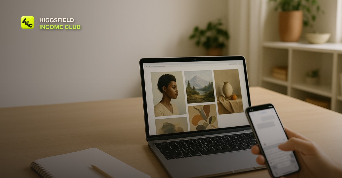 A laptop showing a professional creator profile page with portfolio videos and a contact button