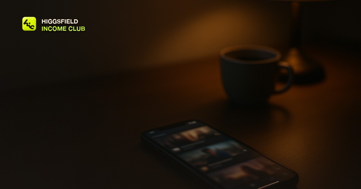 A phone lying face-up on a desk showing a scrolling social feed of video thumbnails, next to a coffee cup and a dim desk lamp