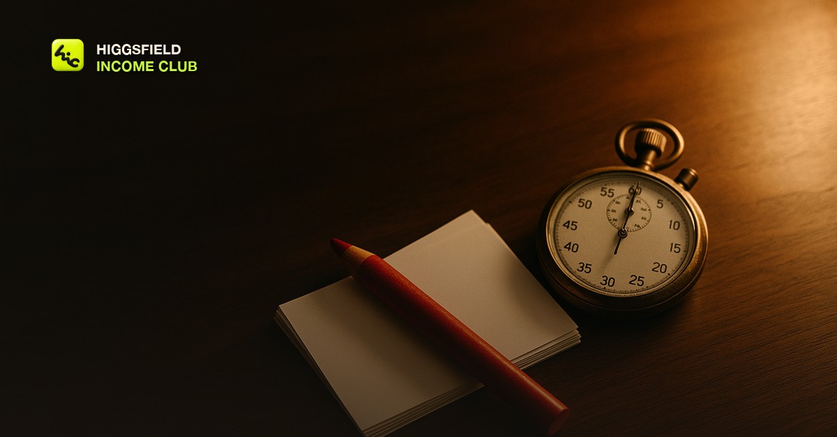 A red grease pencil and a brass stopwatch resting beside a stack of blank white index cards on a dark walnut desk under a single warm lamp