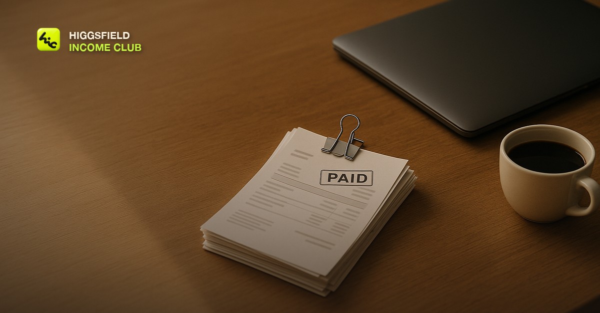A single paid invoice clipped to a small stack of unpaid ones on a plain desk beside a closed laptop and a cup of coffee