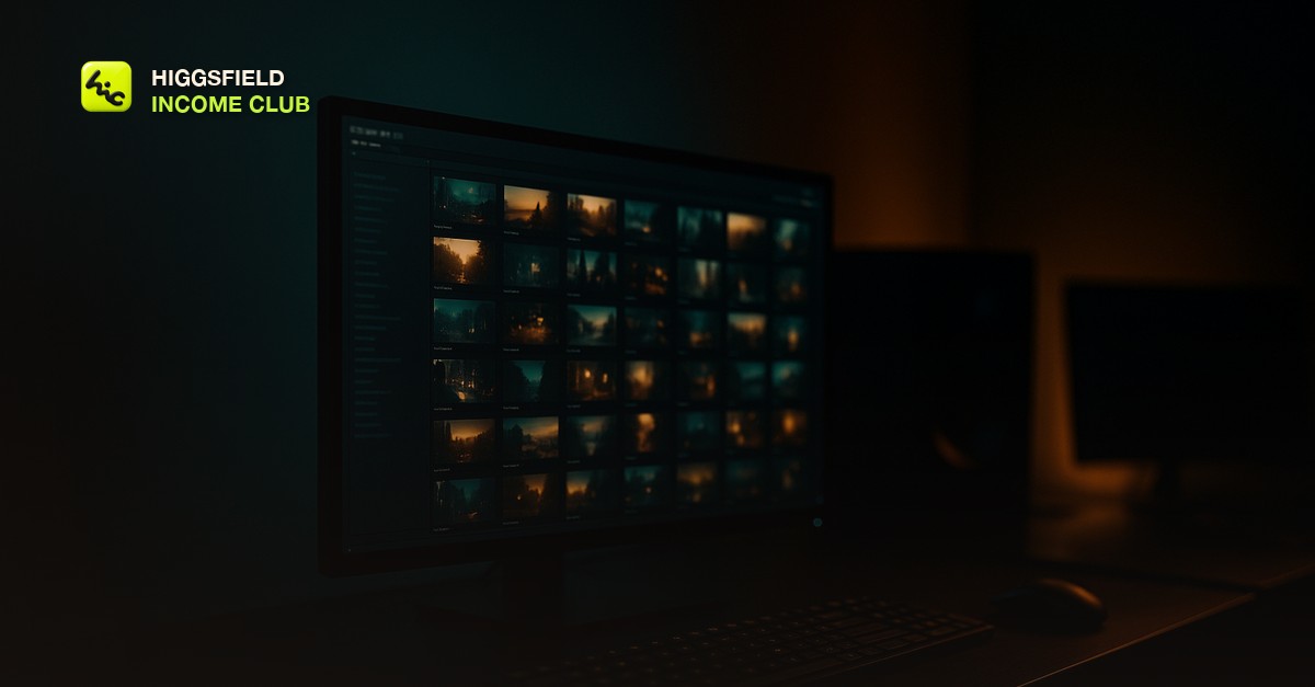 A dark editing suite at night with a grid of small video thumbnails glowing on a monitor in teal and amber light