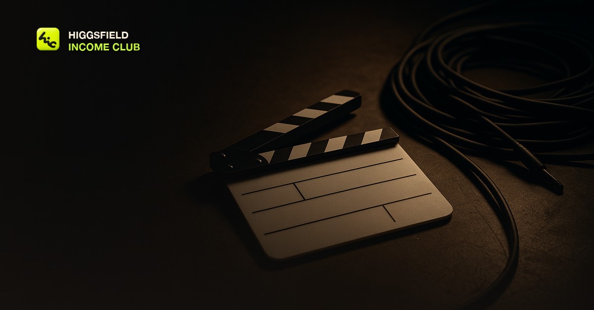 Higgsfield Income Club - an editing timeline on a monitor in a dim room, illustrating AI-generated b-roll cut into a client video
