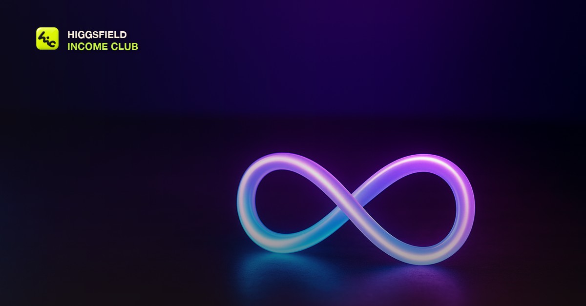 Glowing infinity loop sculpture on a studio desk with cinematic blue and purple lighting