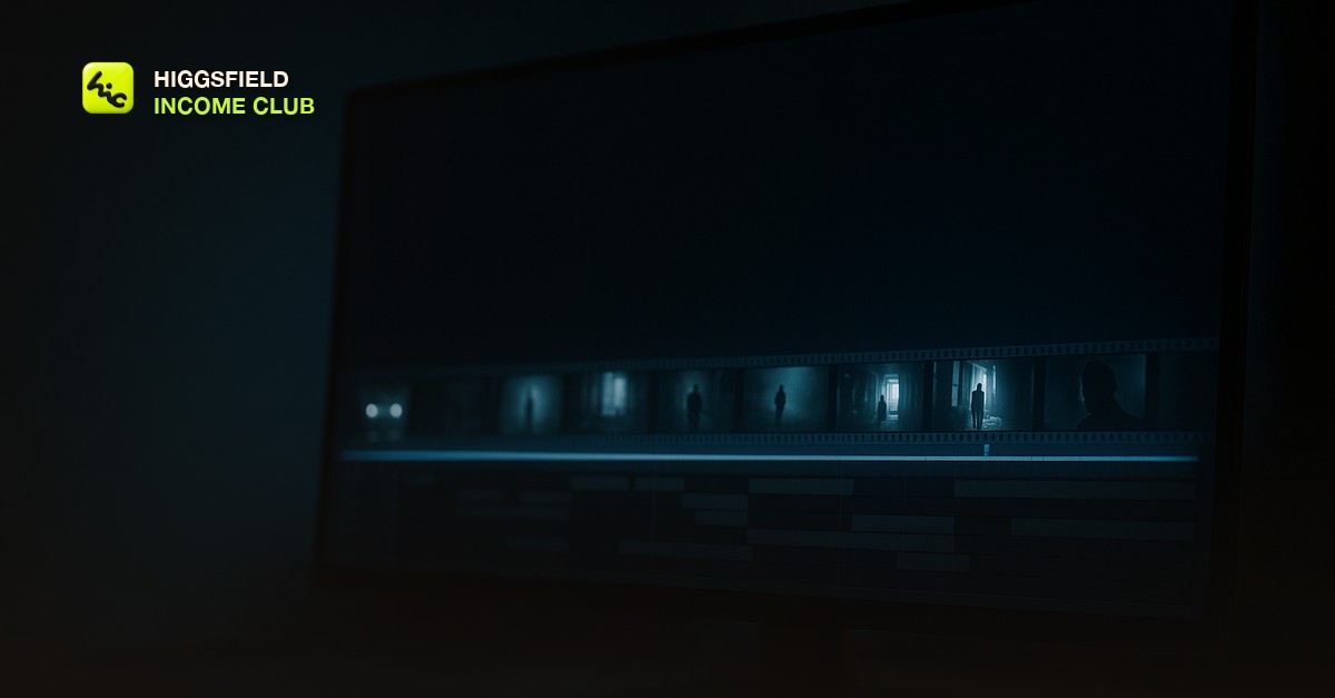 A dark video editing timeline on a widescreen monitor showing a row of short film-strip thumbnails connected end to end into one continuous glowing blue strip, moody cinematic desk lighting, no people or text visible
