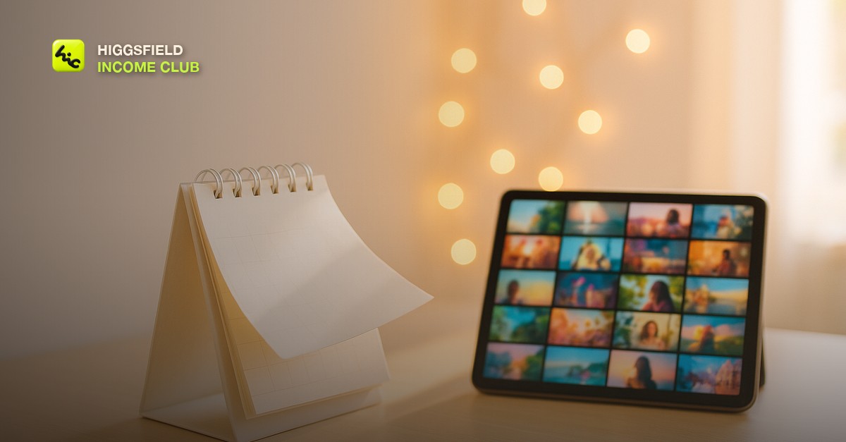 A bright airy desk with a calendar flipping toward year end, soft festive lights out of focus, and a tablet showing a montage grid of colorful video thumbnails in warm sunlit pastel tones, no people or text visible