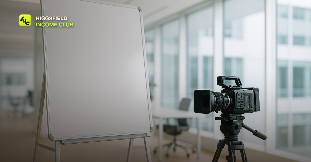 A blank whiteboard easel beside a small cinema camera on a tripod in a bright modern office