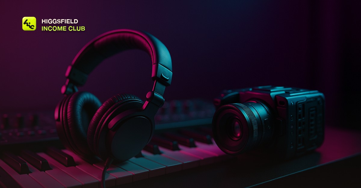A dimly lit studio desk with an audio interface, headphones and a waveform glowing on a monitor