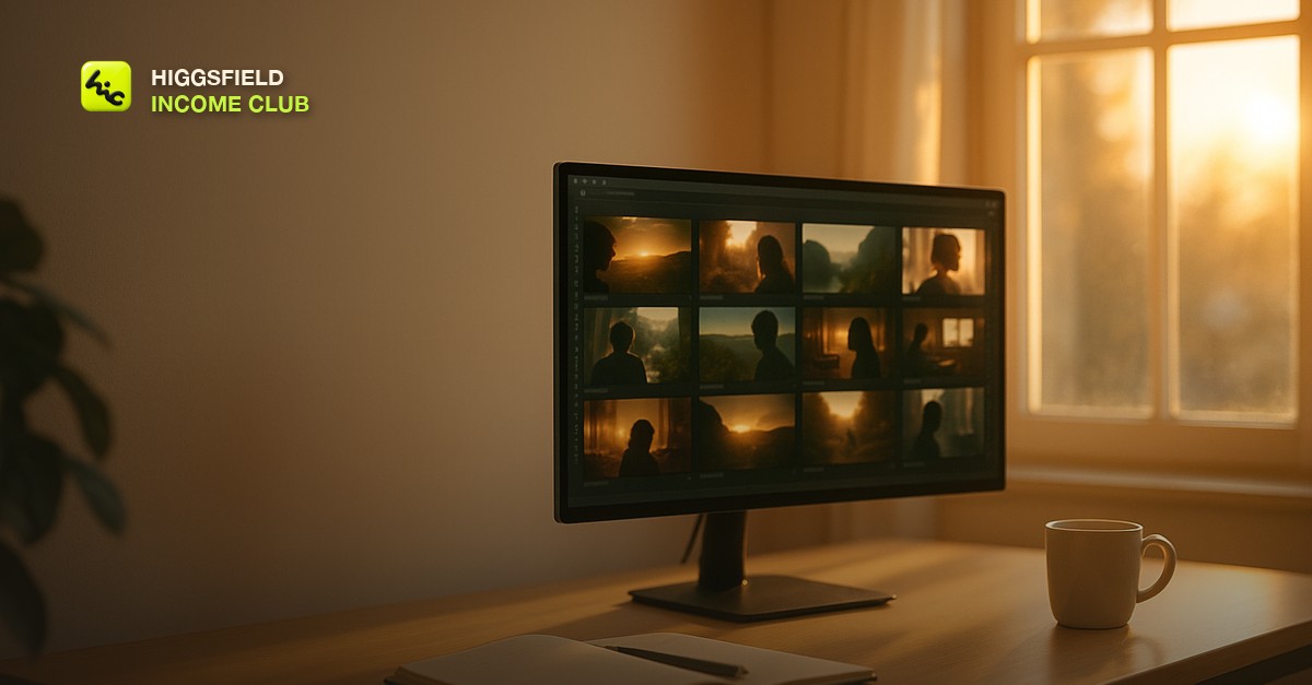 A bright editing studio at golden hour with a widescreen monitor showing a soft grid of cinematic video thumbnails, a notebook and coffee cup on a clean desk, warm window light and open space in the upper left, no people or text visible