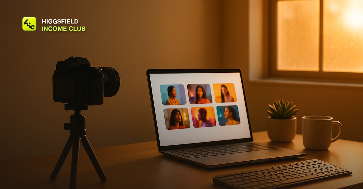 Sleek minimal home studio desk at golden hour, a modern mirrorless camera on a tripod facing a glowing laptop screen showing colorful short-form video thumbnails, warm amber light through a window, green succulent and a white ceramic mug beside the keyboard, editorial clean look