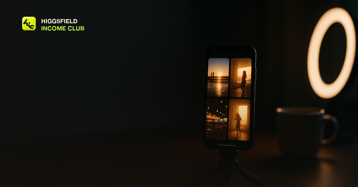 A vertical smartphone on a small tripod glowing with a warm feed of short vertical clips on a dark desk beside a coffee cup and a ring light rim, no people or text visible