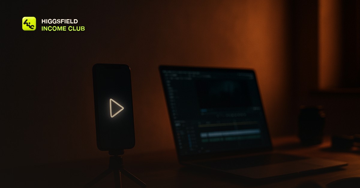 A moody creator workspace at dusk with a vertical phone on a tripod glowing with a soft play-button light beside a laptop showing a dark editing timeline, no people or text visible