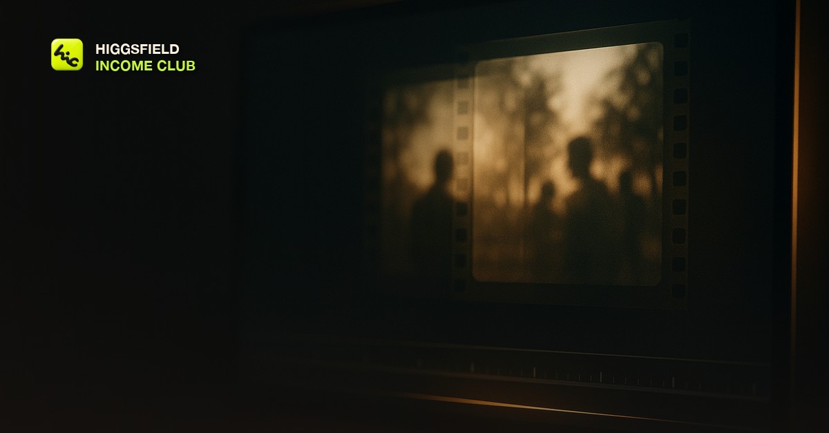 Two overlapping cinematic film frames dissolving into each other on a dark editing suite monitor with a glowing amber timeline scrubber below, moody rim light, no people or text visible
