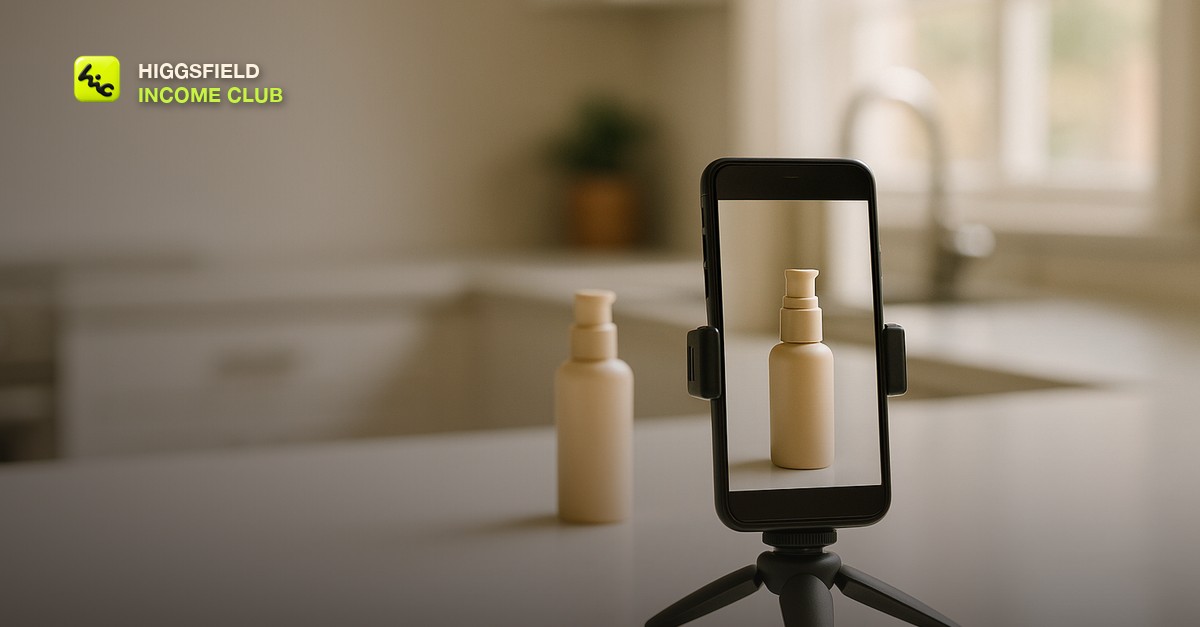 Higgsfield Income Club - a phone on a small desktop tripod aimed at an unlabelled product on a kitchen counter