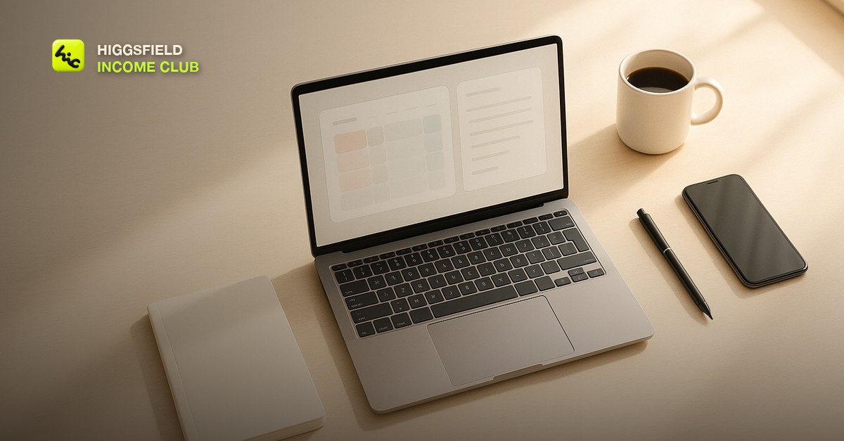 A bright organized desk seen from above with an open laptop showing a soft calendar and checklist layout, a fresh notebook, a coffee cup, and a phone beside a pen in warm morning light, no people or readable text or logos