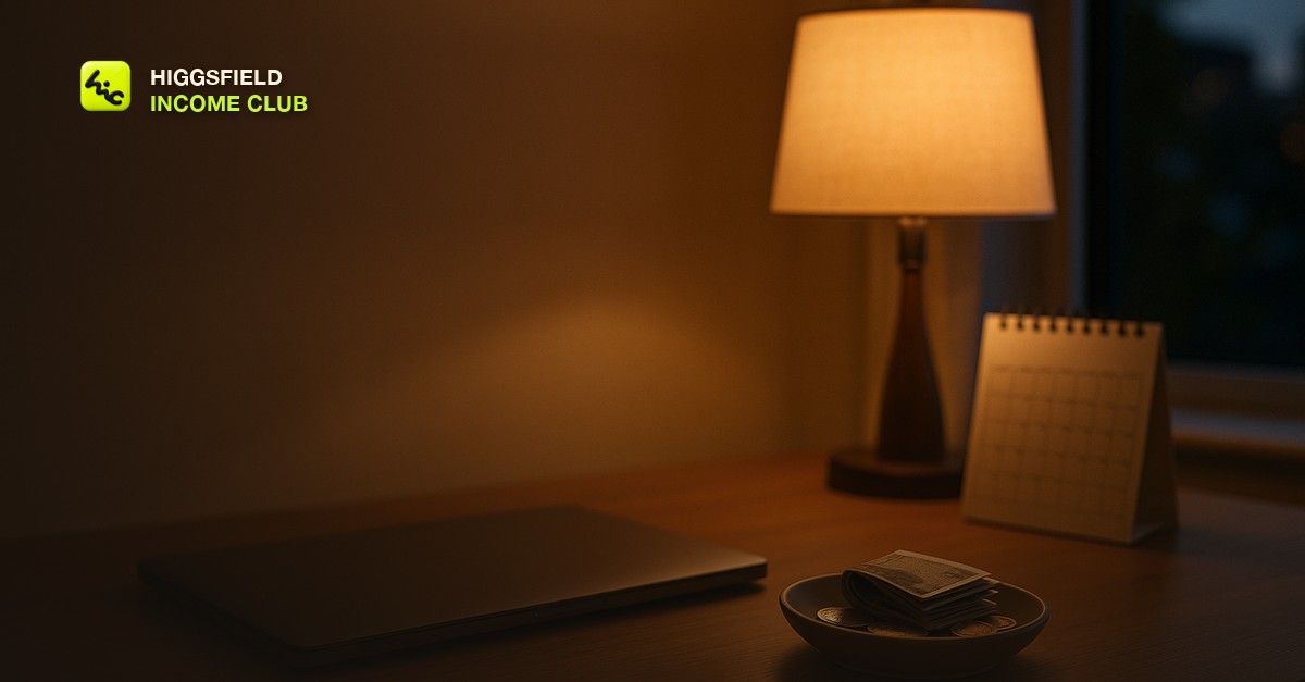A tidy home desk at dusk with a closed laptop, a small ceramic dish holding neat folded cash and coins, and a paper desk calendar, warm lamp light and soft shadows, no people or text visible